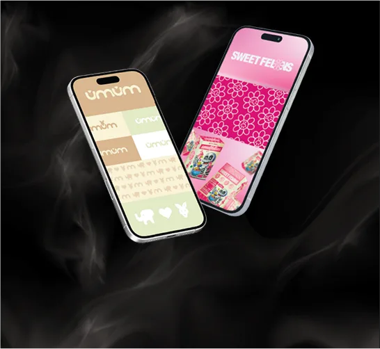 Two phones showing brand app home screens, one beige and green, one bright pink